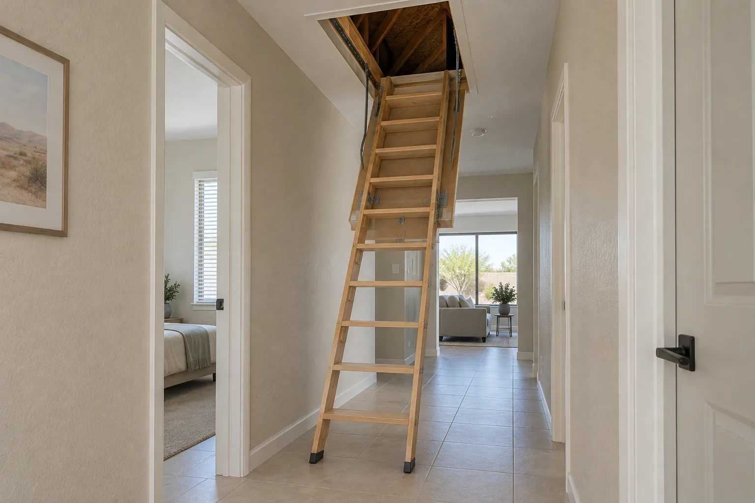 A folding wooden ladder leads through an open attic hatch above a clear hallway.