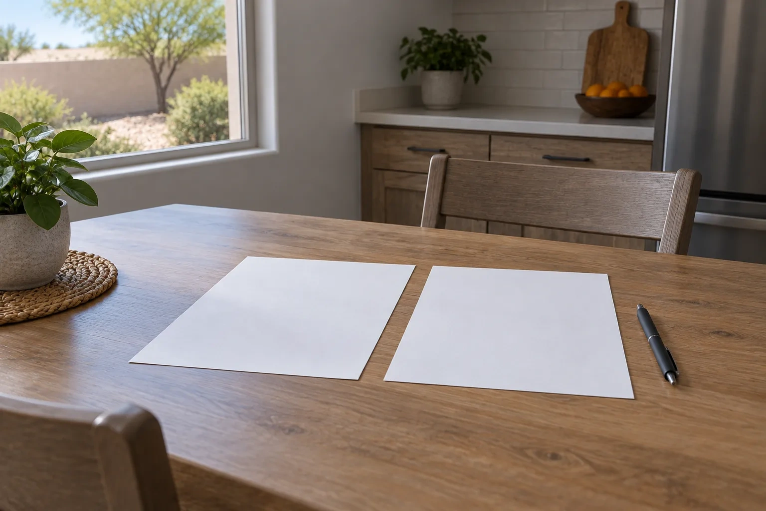 Two blank proposal sheets lie beside a pen on a kitchen table.