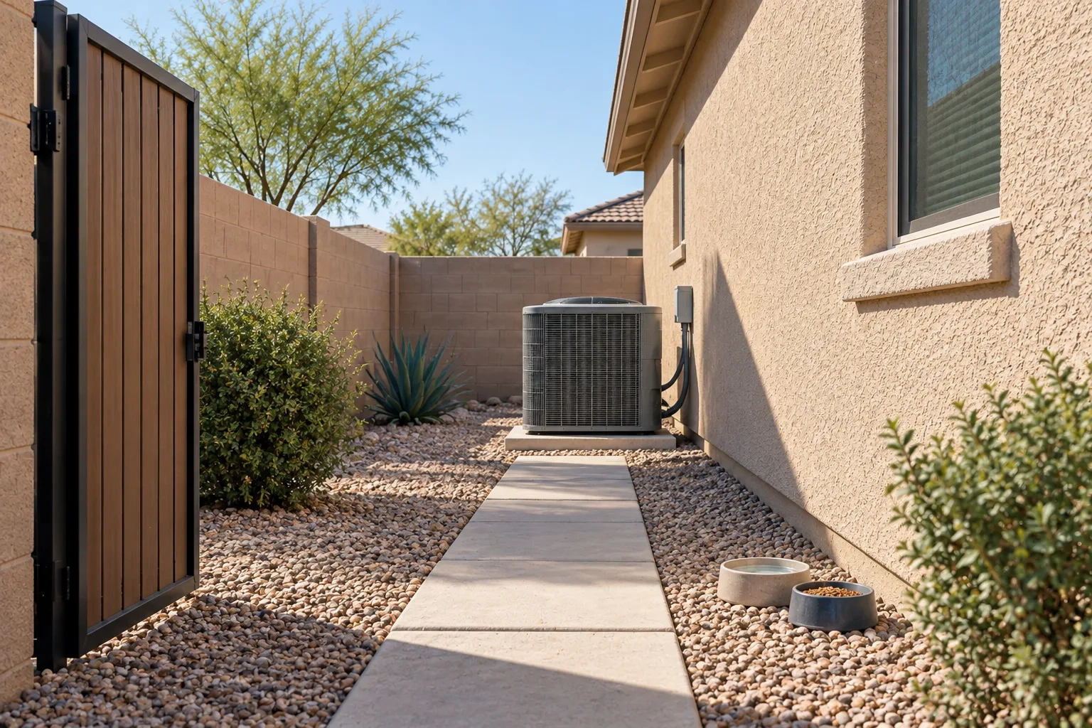 An open gate leads along a clear path to an outdoor unit with pet bowls moved aside.