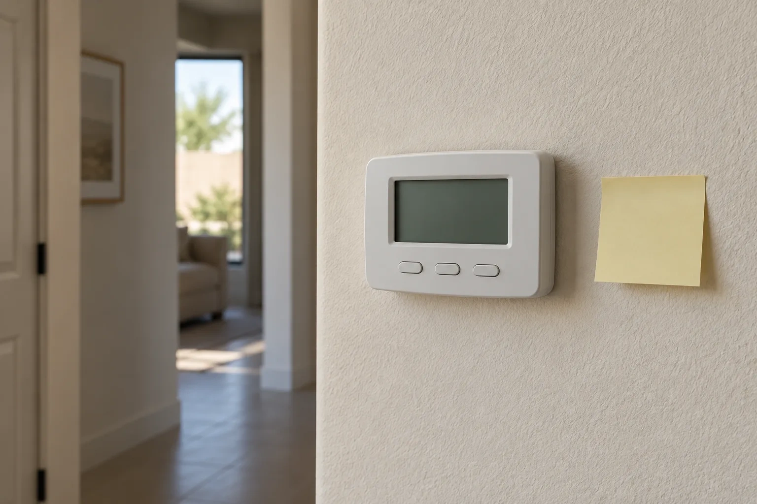 A plain thermostat with a blank display hangs beside an unwritten sticky note.