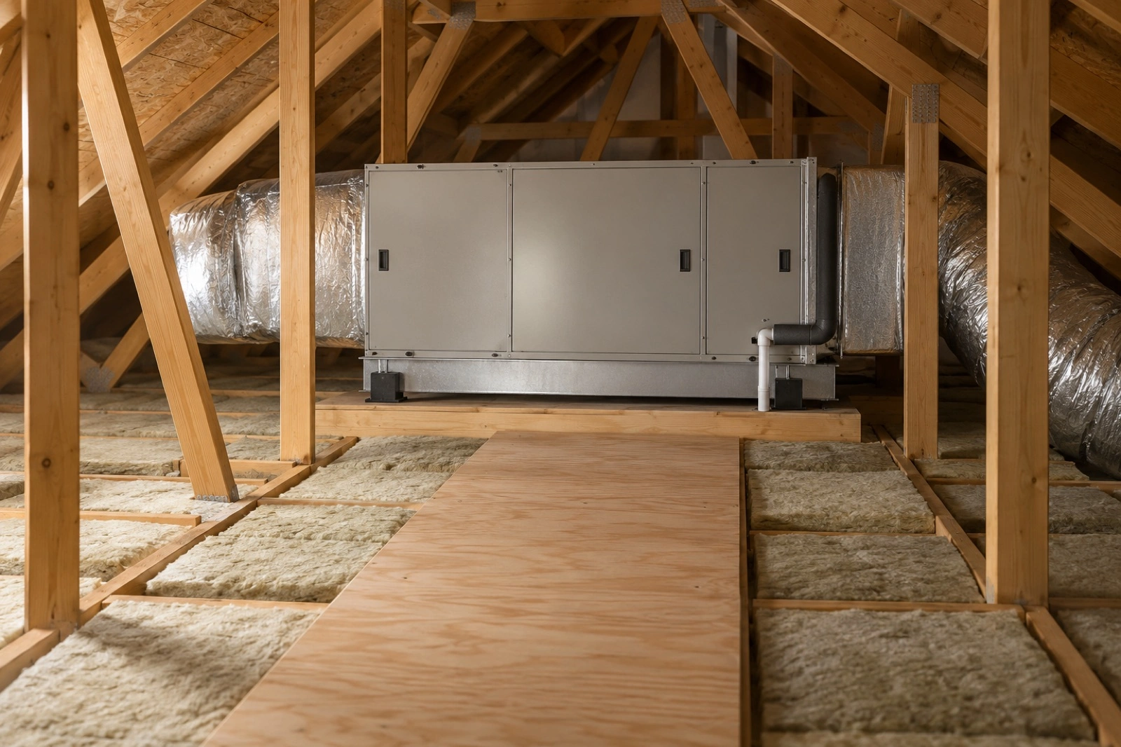 An indoor air handler sits in an attic access space.