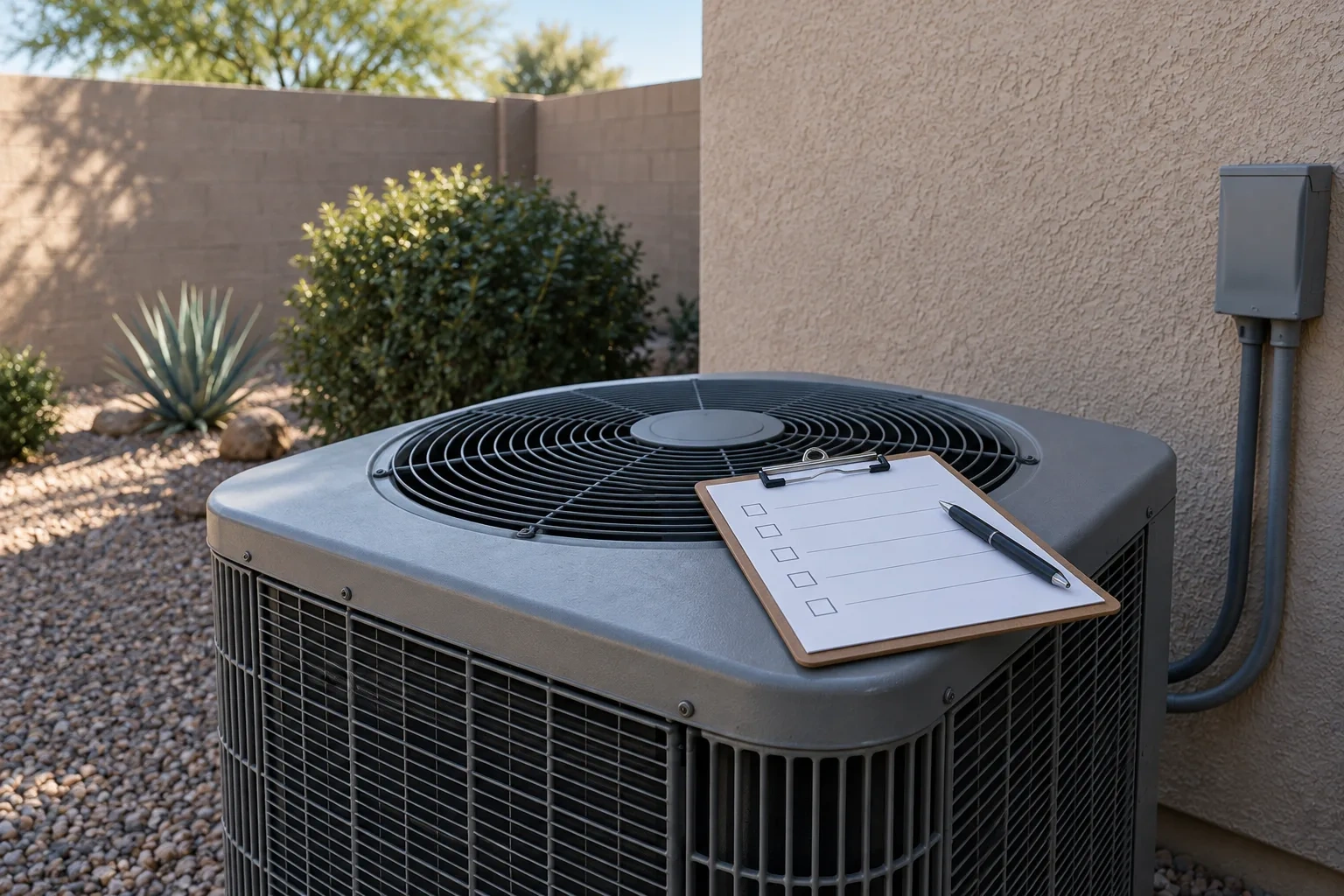 A blank checklist and pen rest on a closed condenser in cool shade.