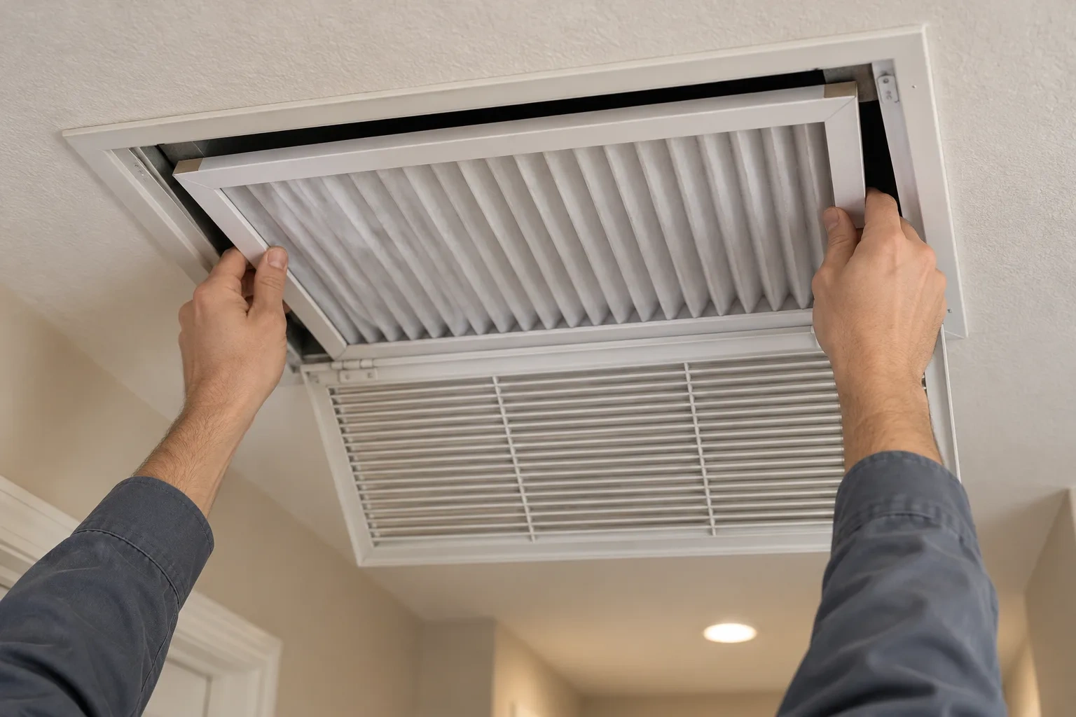 Two hands slide a plain pleated filter into a hallway ceiling return grille.