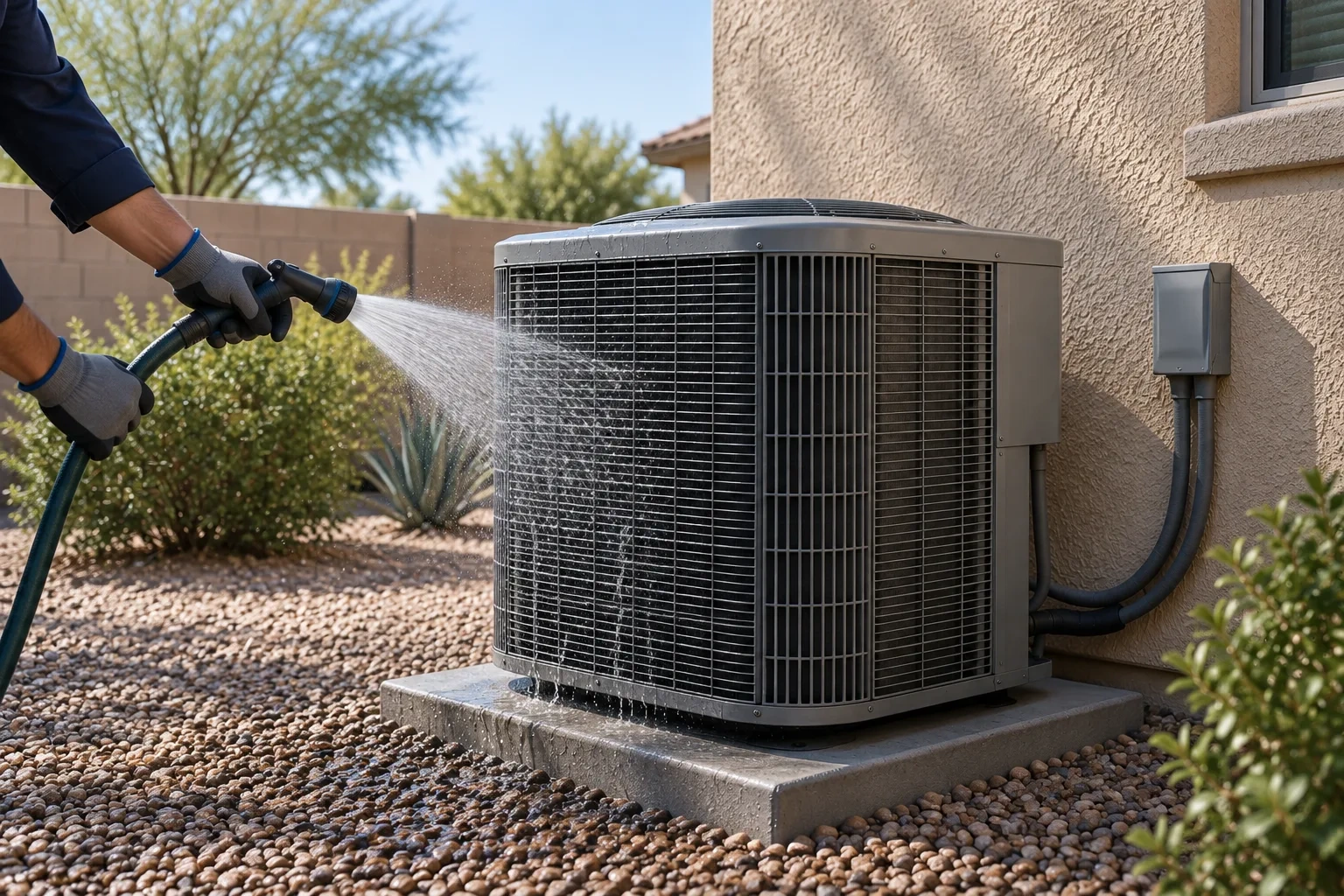 Gloved hands rinse a closed condenser coil with a gentle hose spray.