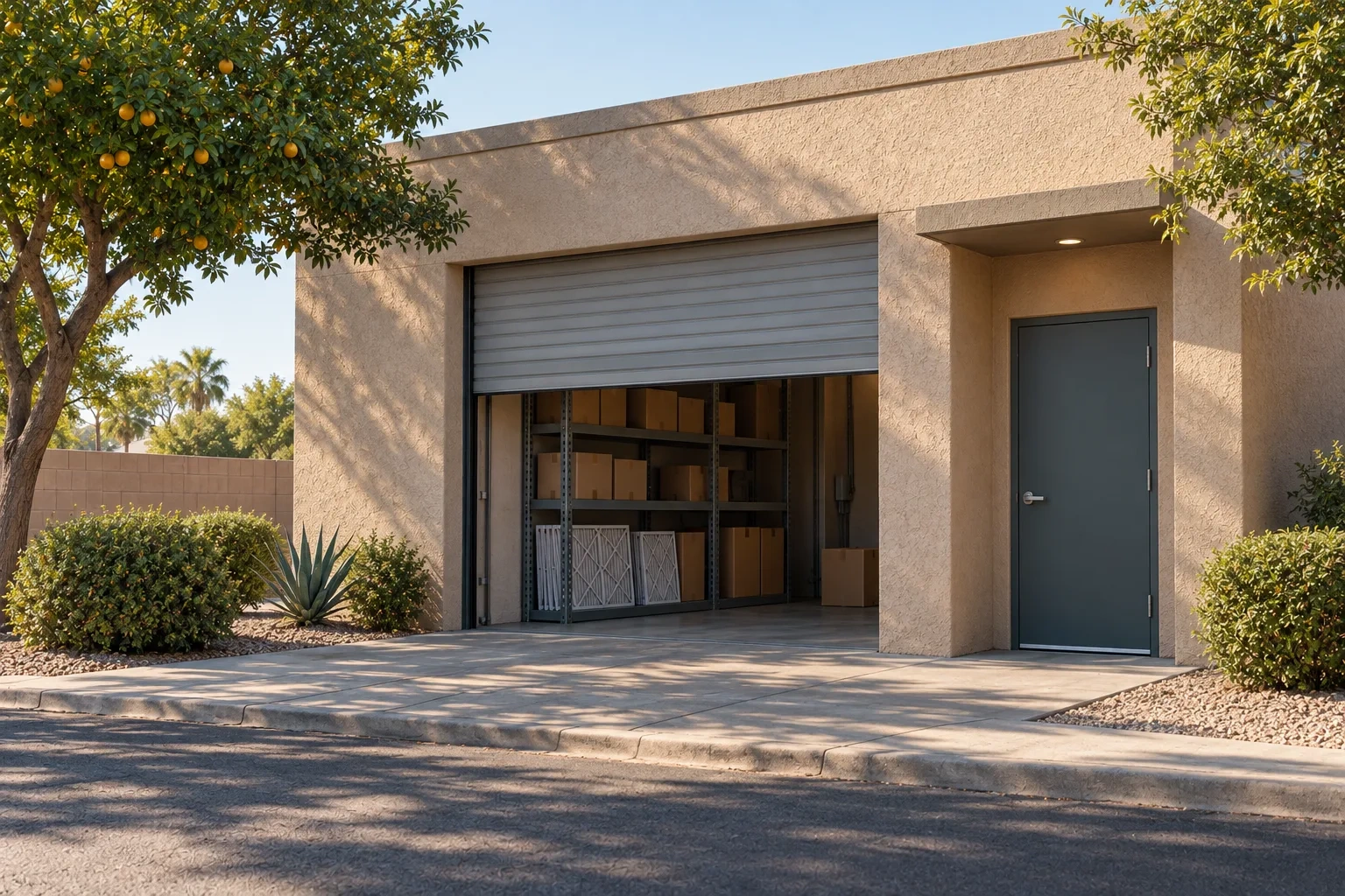 A small sand-stucco depot with a half-open roller door stands beside citrus trees.