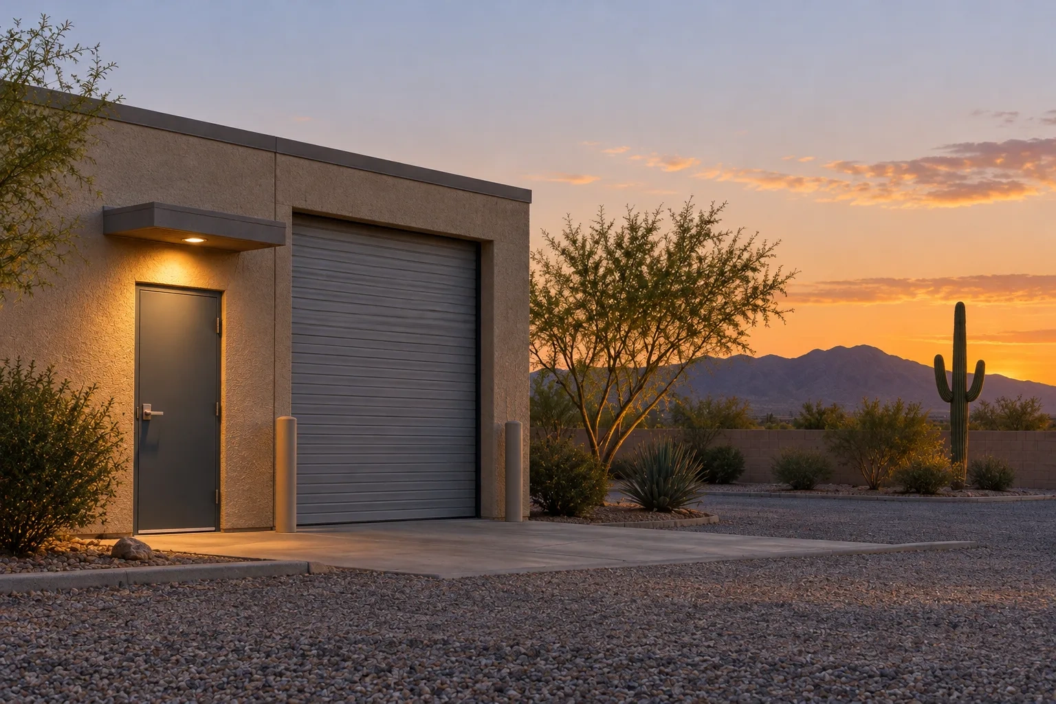 A depot faces a gravel lot with saguaro and palo verde beneath a ridge at dusk.