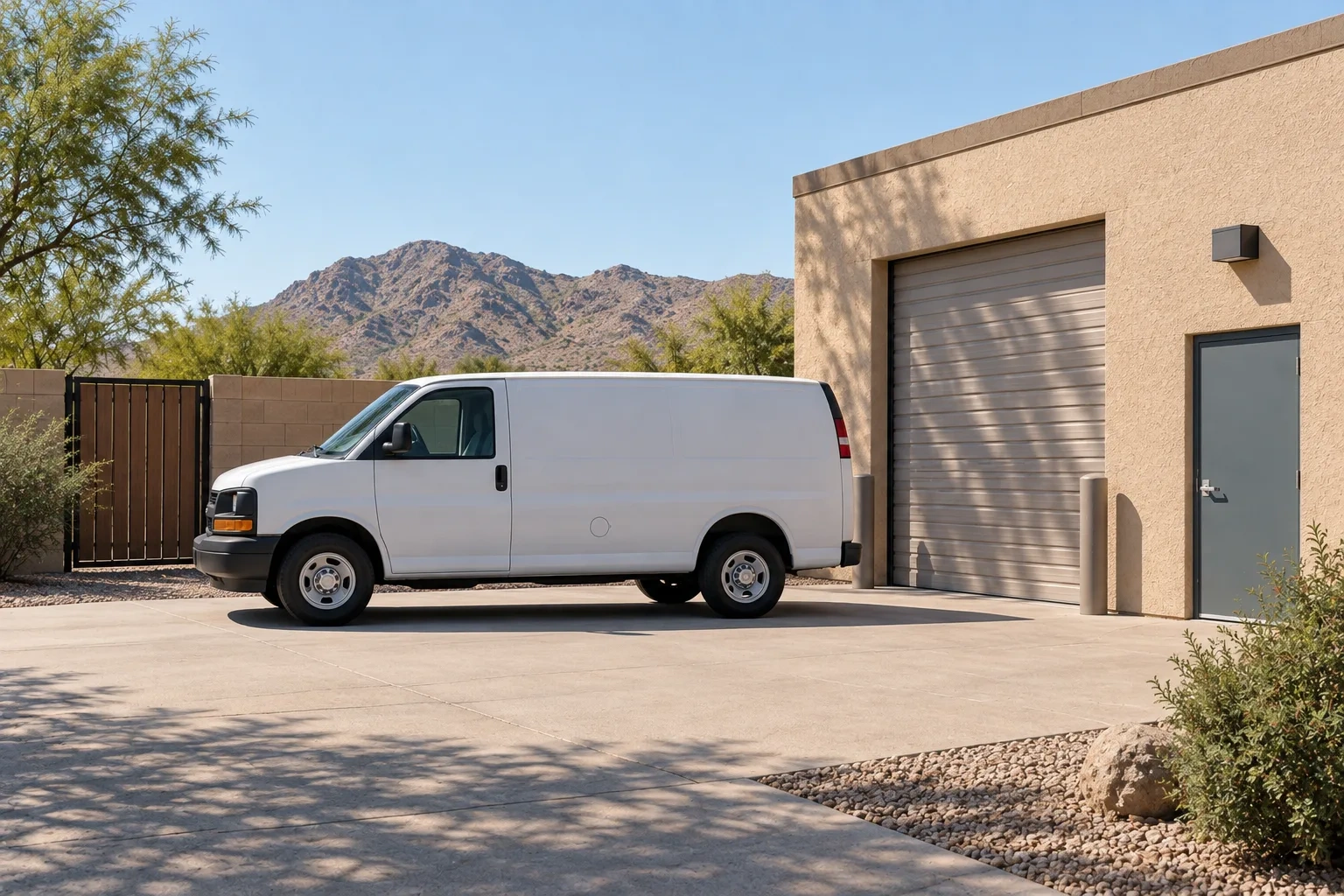 A plain white service van stands outside a depot beneath a desert ridge.