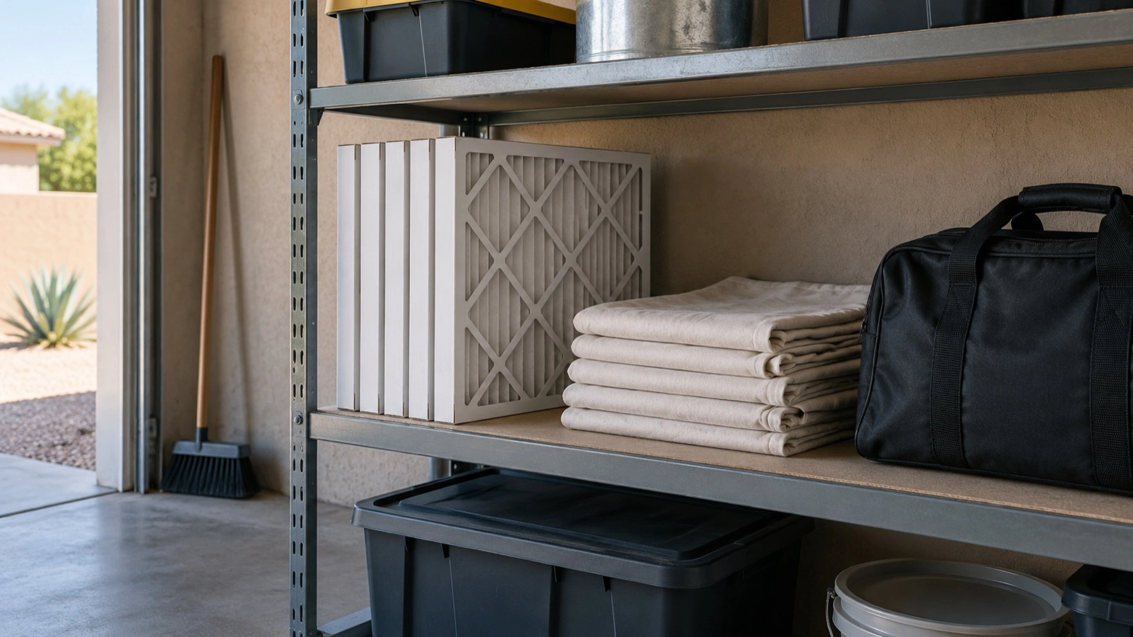 Plain pleated filters are arranged on a depot shelf.