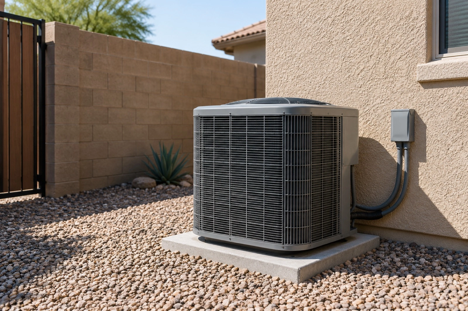 A closed outdoor condenser sits beside a sand-coloured stucco wall.