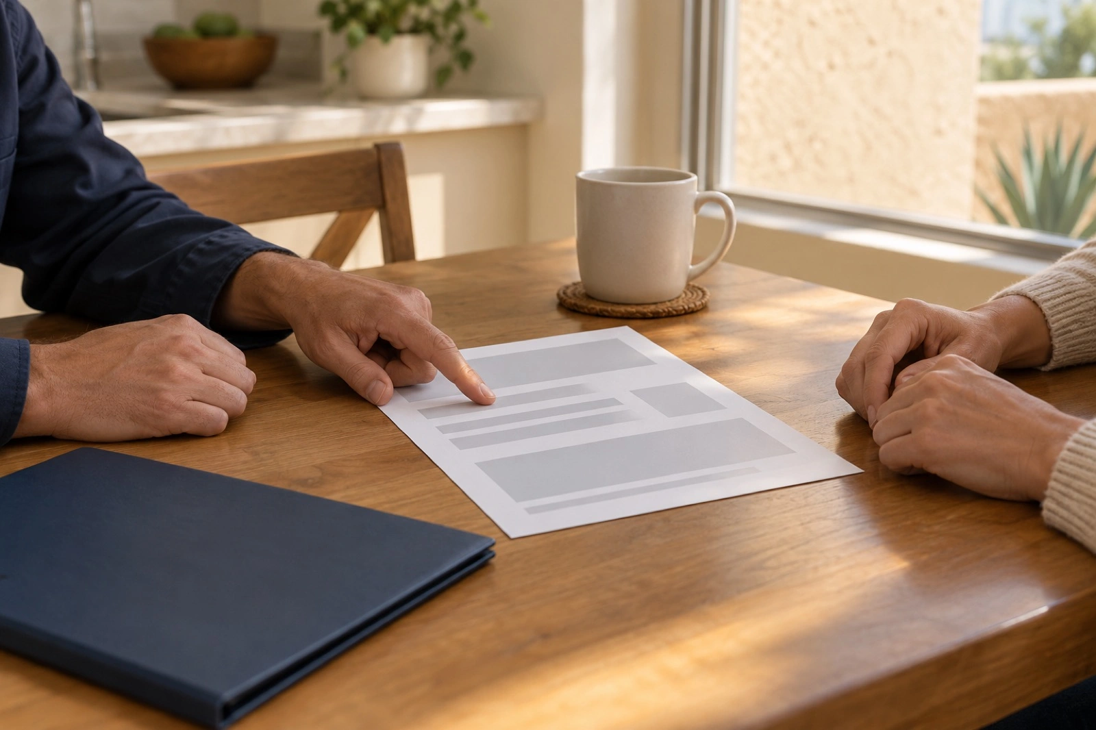 Anonymous hands pass a blank service worksheet at a home visit.
