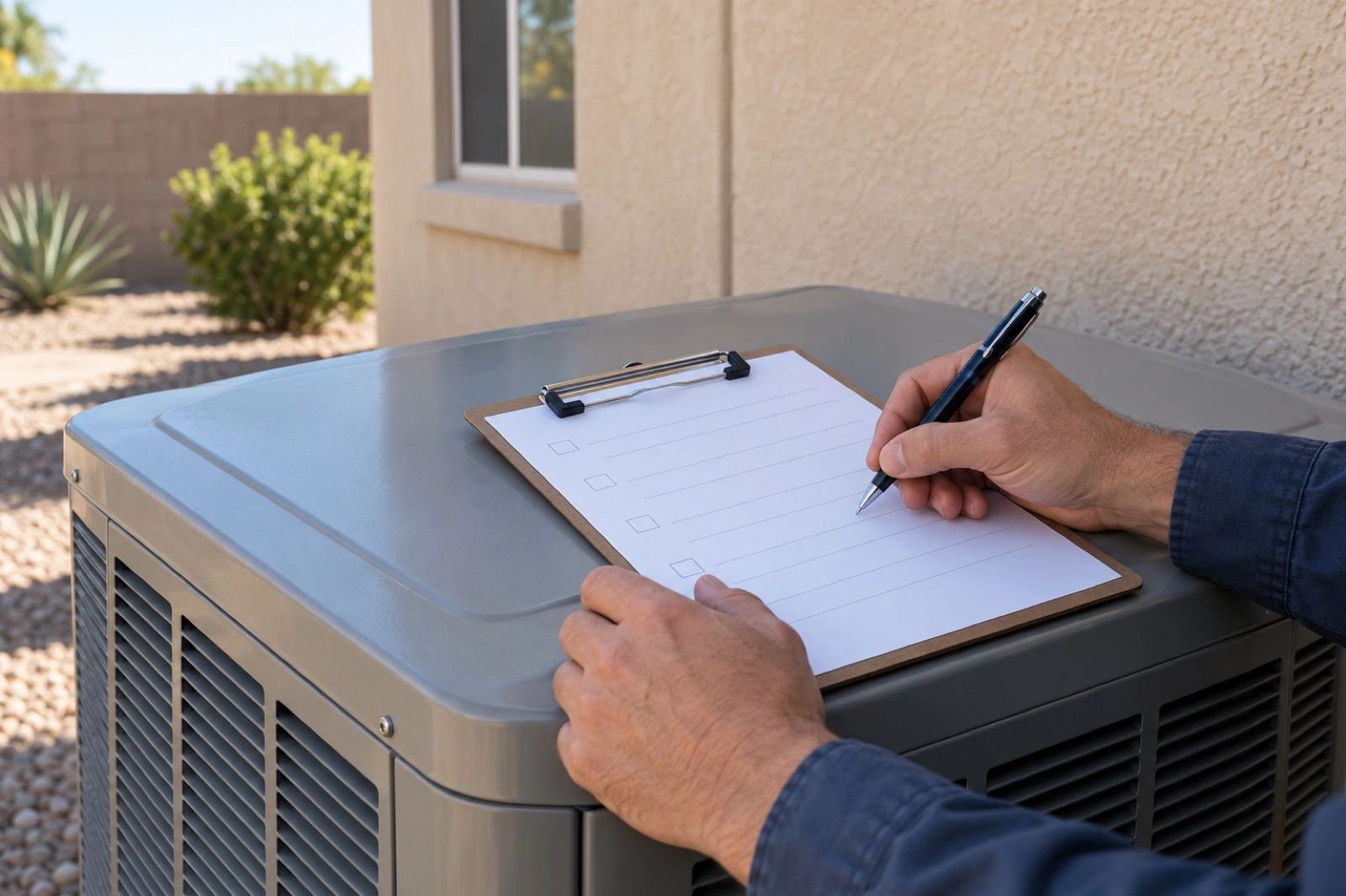 Anonymous hands write a service note beside a closed outdoor unit.