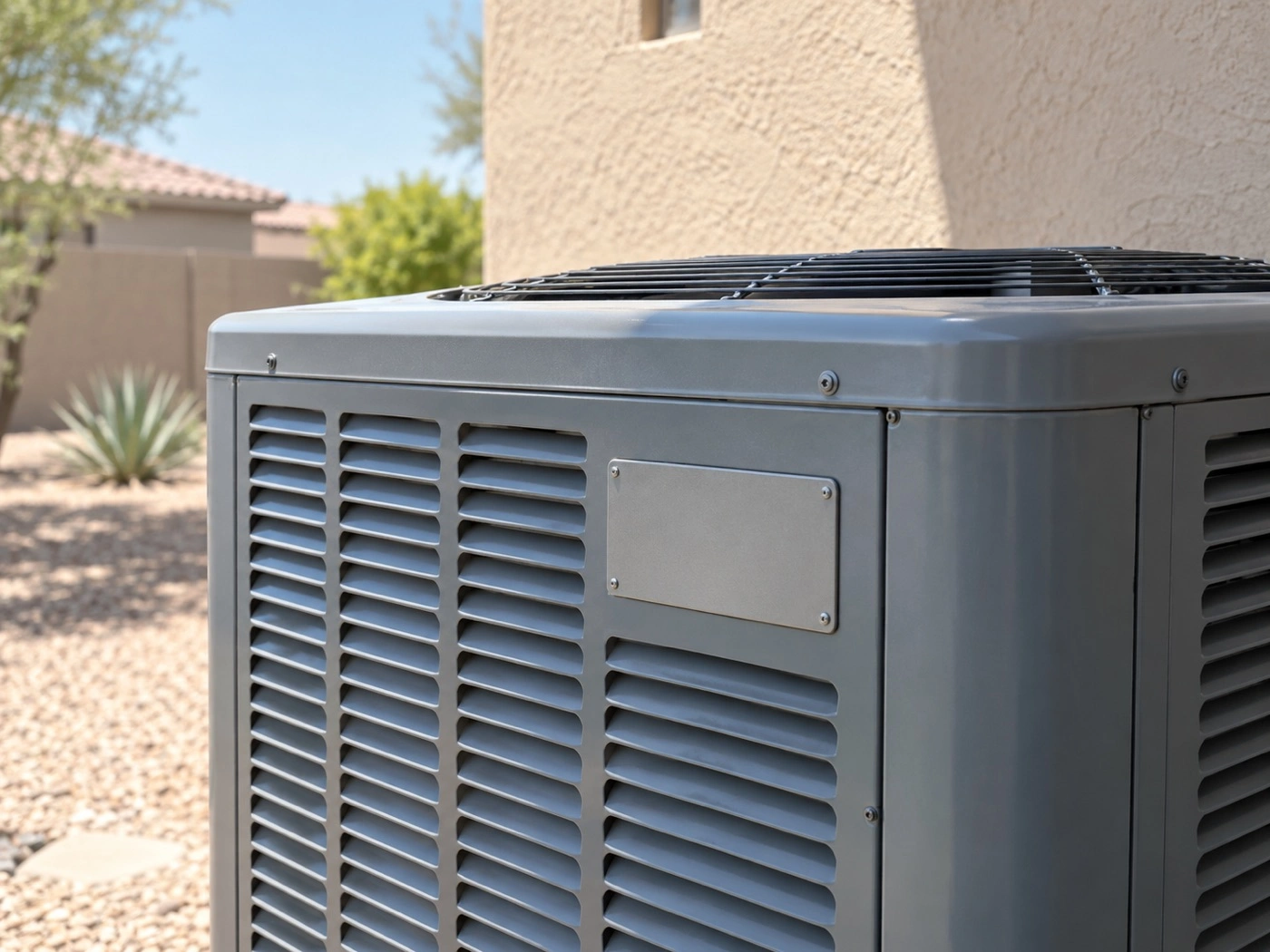 A blank equipment plate sits on a closed condenser cabinet.