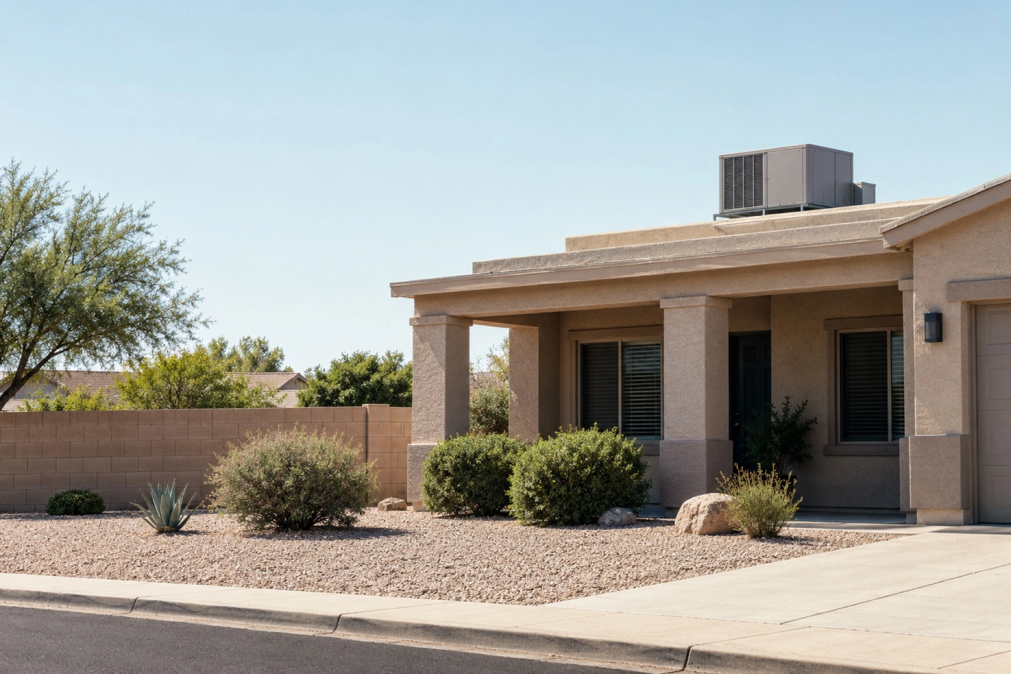A closed rooftop package unit stands above a Phoenix-style ranch home.