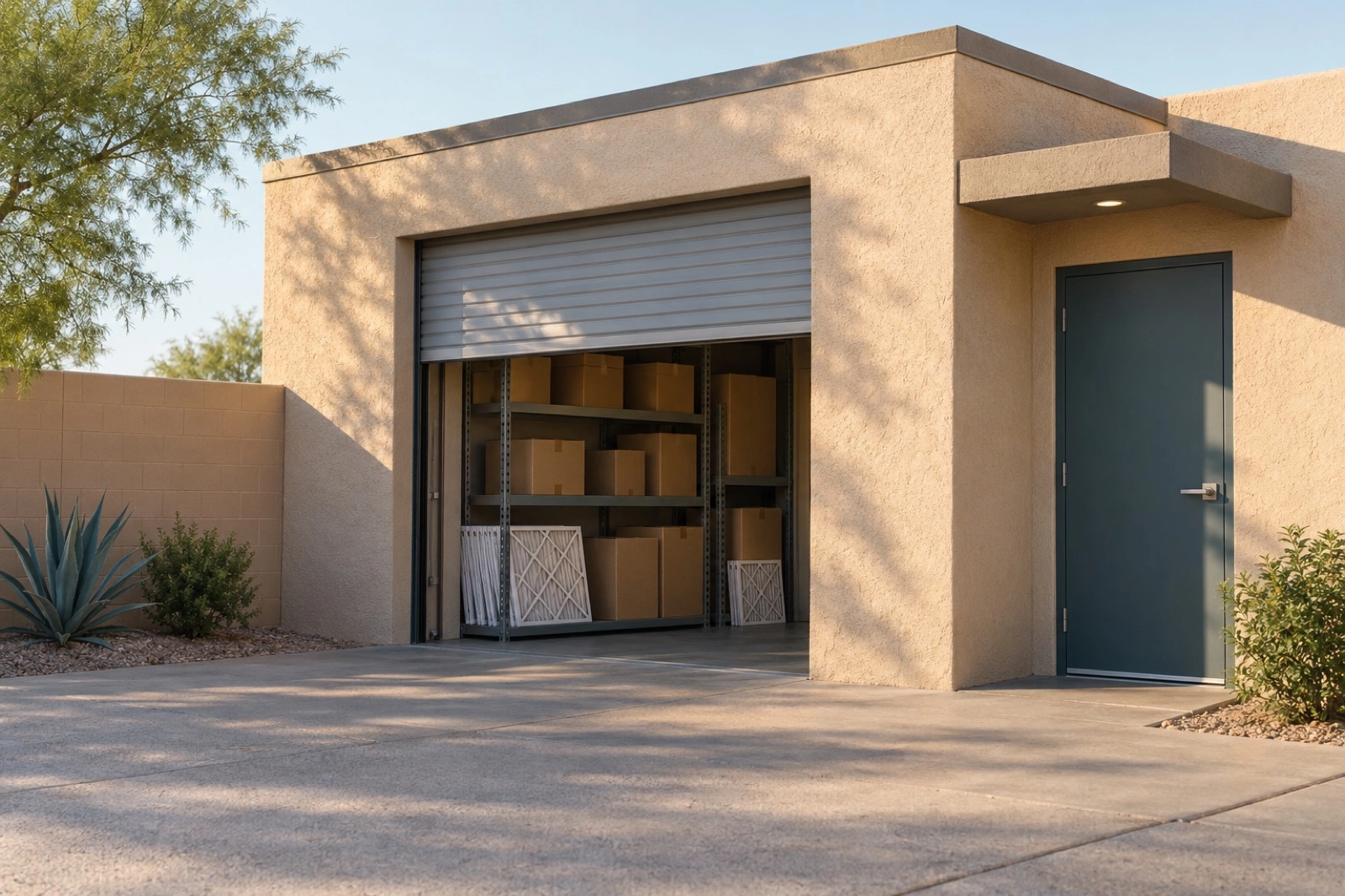 A shaded depot entrance reveals shelves of plain supplies.